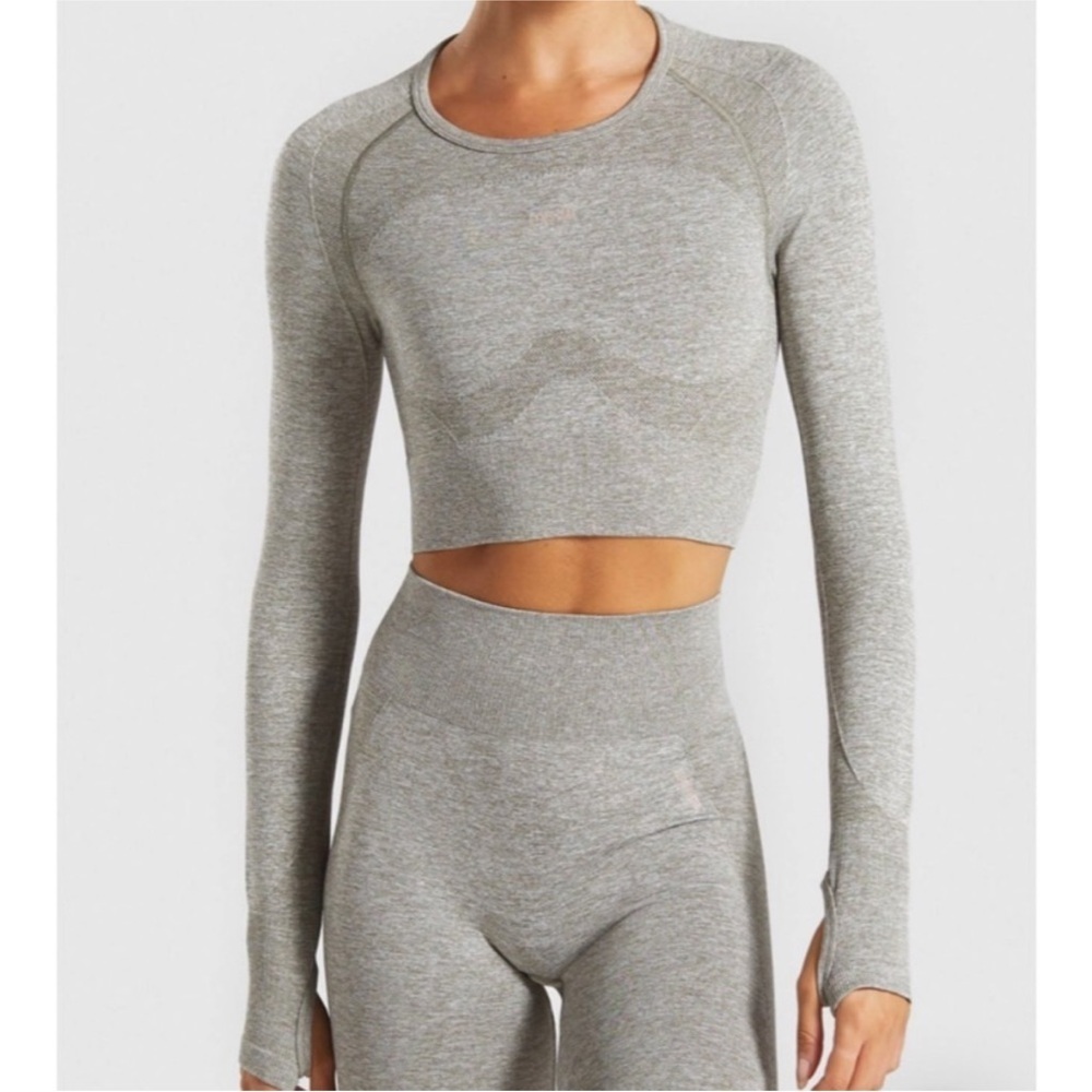 Gymshark | Flex Long Sleeve Crop Top Khaki Marl Taupe Size Small